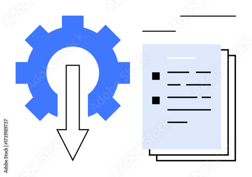 Blue gear with downward arrow connecting to stacked documents, symbolizing task automation, system workflow, and data processing. Ideal for productivity, efficiency, reports, organization, software