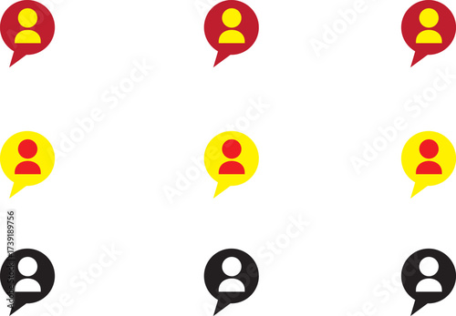 Set of 9 profile picture icons placed over communication chat bubbles, symbolising messaging, social media, and digital interaction.