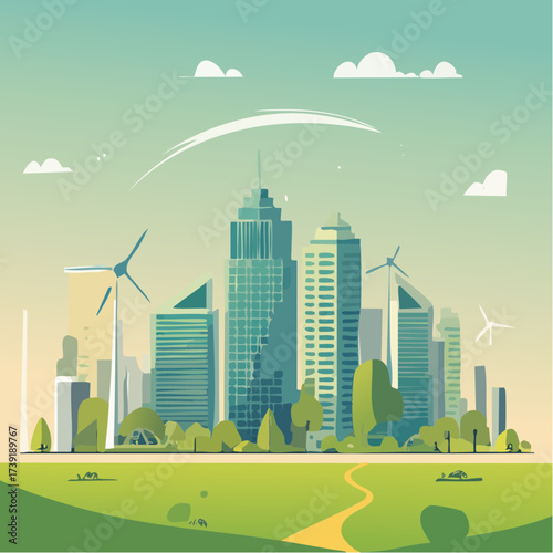 Sustainable urban development illustrated with interconnected elements
