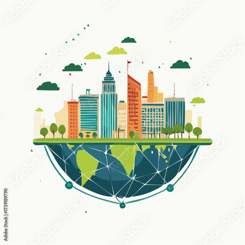 Sustainable urban development illustrated with interconnected elements