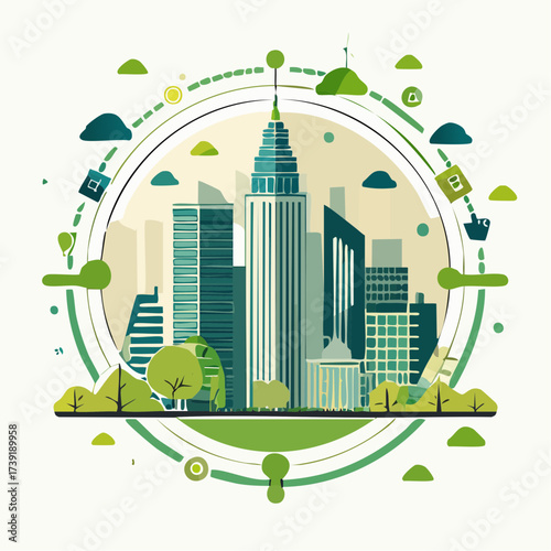 Sustainable urban development illustrated with interconnected elements