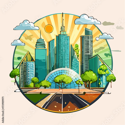Sustainable urban development illustrated with interconnected elements