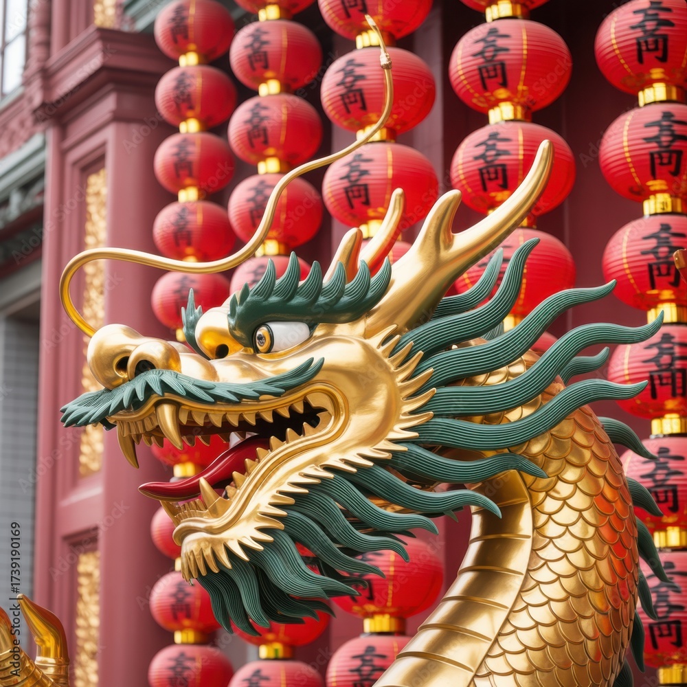 Obraz premium Closeup of a golden dragon statue with green details and red lanterns in the background, symbolizing chinese culture and festive celebrations