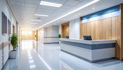 Empty hospital ward reception desk and corridor with diminishing perspective.