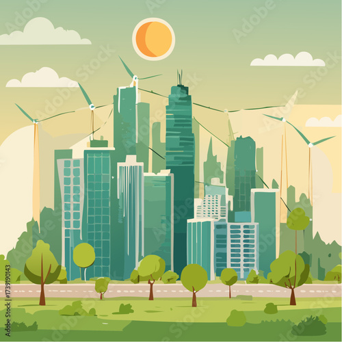 Sustainable urban development illustrated with interconnected elements