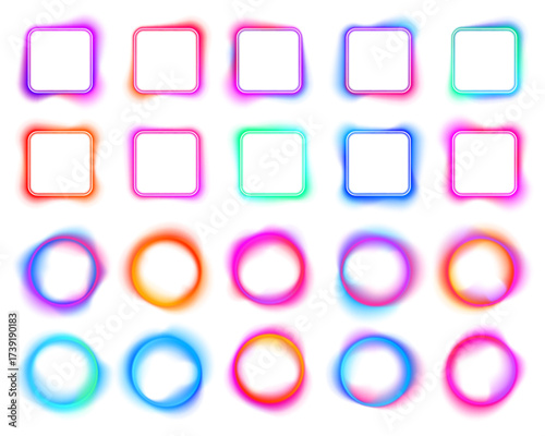 Iridescent gradient frames in neon shades glow softly on a white background. Each ring has a smooth transition and a vibrant aura. Perfect for digital design. PNG