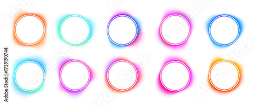 A collection of multicolor neon circle frames with glow-in-the-dark effects. Each frame emits a radiant aura, perfect for dynamic compositions. High-resolution and transparent.