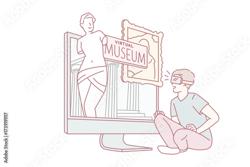 Virtual museum and technologies concept. Smiling boy cartoon character sitting looking at laptop screen with virtual museum online vector illustration