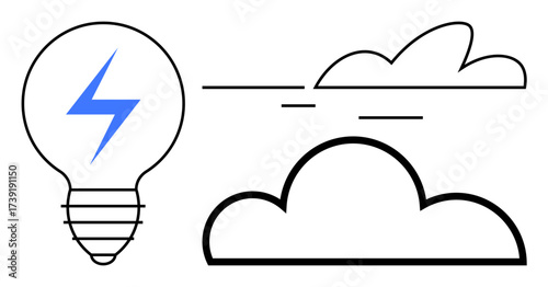 Light bulb with blue lightning bolt alongside minimalistic black-and-white clouds suggests renewable energy, innovation, and creativity. Ideal for sustainability, technology, brainstorming, green