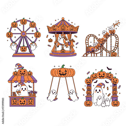Retro Halloween Amusement Park Vector Set of Spooky Cartoon Ghosts on Pumpkin Ferris Wheels, Jack-o’-Lantern Carousels, Candy Roller Coasters, Swings, and Haunted Stands with Bats, Bold Vintage Illust