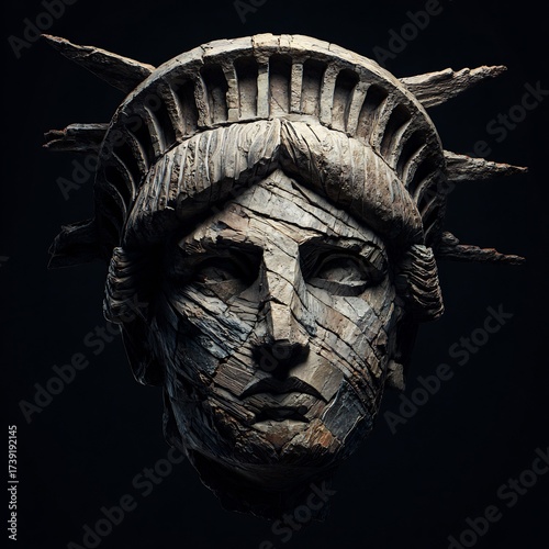 Weathered Stone Sculpture of Statue of Liberty Head on Dark Background