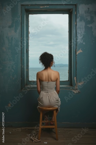A woman sits facing a sea view through an old window in a dilapidated room