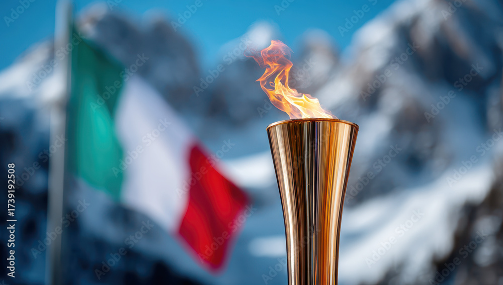 Naklejka premium Olympic torch flame burning against italian flag and snowy mountains for milan cortina 2026 winter games