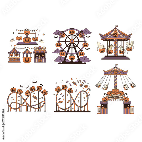 Retro Halloween Amusement Park Vector Set of Spooky Cartoon Ghosts on Pumpkin Ferris Wheels, Jack-o’-Lantern Carousels, Candy Roller Coasters, Swings, and Haunted Stands with Bats, Bold Vintage Illust