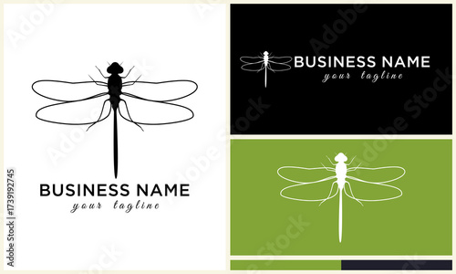 Dragonfly logo variations on white with black and green.