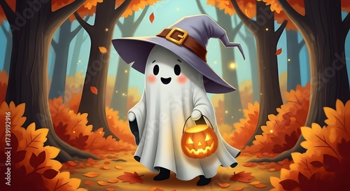 Cute Halloween Ghost in Witch Hat Carrying Pumpkin Basket in Autumn Forest