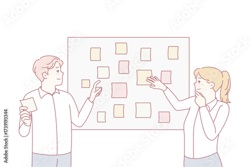 Employees brainstorm engaged in creative thinking in office. Businesspeople work with sticker planning tasks together at meeting. Teamwork concept. Vector illustration.