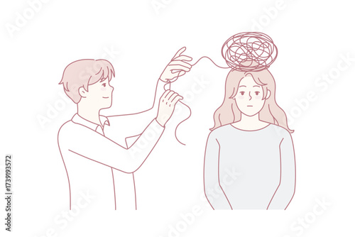 Psychologist work with woman patient unravel confused thoughts in head. Unhappy tired female having session with psychotherapist. Psychotherapy. Vector illustration.