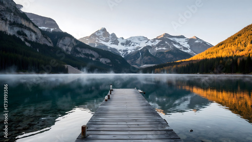 Tranquil Lake Dock Mountain Reflections