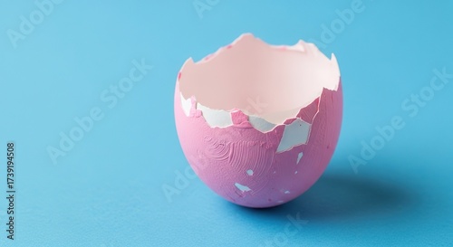 Broken Pink Painted Eggshell on a Blue Background.