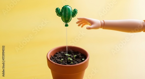 Cactus watering plant with hand reaching out for it.
