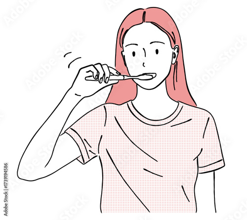 歯磨きをする女性の線画イラスト,歯ブラシ,オーラルケア,口元,習慣