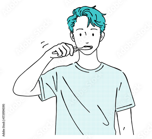 歯磨きをする男性の線画イラスト,歯ブラシ,オーラルケア,口元,習慣