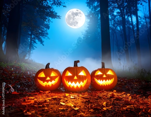 Halloween Night Three Jack-o'-Lanterns Glow Under the Moon in a Spooky Forest