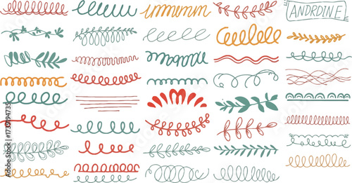 Hand drawn doodle design elements featuring swirls, lines, and floral accents for creative projects and decorative applications.