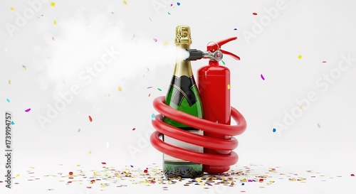 Champagne bottle and fire extinguisher concept.
