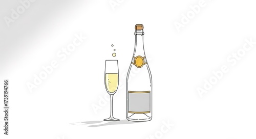 Champagne Bottle and Glass with Bubbles Minimalist Illustration.