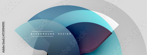Abstract design features overlapping translucent shapes. Colors blendblues, purples, whitescreating modern visual effect. Minimalist style.