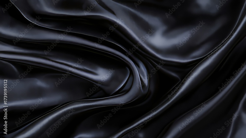 Fototapeta premium Elegant Black Silk Fabric with Rich Folds and Texture, Ideal for Fashion and Design Backgrounds