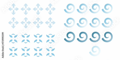 Collection of light blue abstract directional arrows and swirling wave elements on a white background