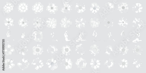 Collection of abstract floral patterns and graceful yoga poses in white on a light gray background
