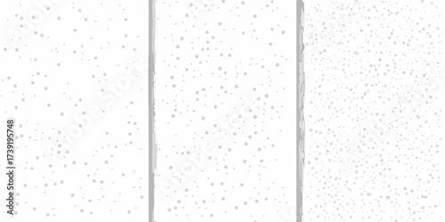 Three panels of white backgrounds with scattered gray dots and irregular shapes representing snow or confetti