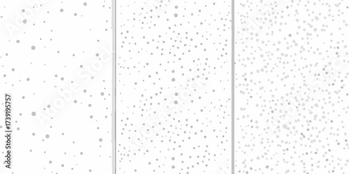 Three different patterns of scattered grey dots and circles on a white background