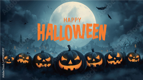 Scary Halloween night, jack o lanterns shining with bats and full moon in the background.