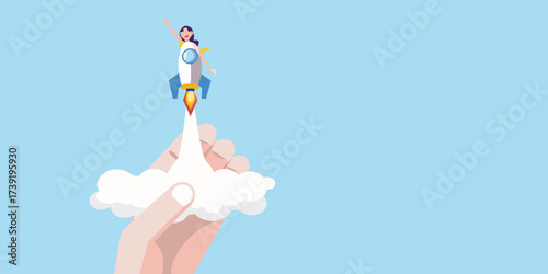 Woman in a rocket launching from a hand with clouds and blue sky background