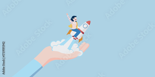 Person riding a rocket launched from an open hand symbolizing startup success and new beginnings