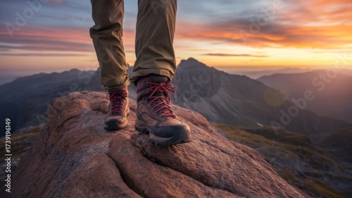 Hiking boots stand on a rocky mountain at sunset, symbolizing adventure, challenge, and the pursuit of goals in the great outdoors