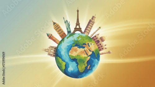 World travel concept with famous landmarks around the globe, including the eiffel tower, statue of liberty, and the leaning tower of pisa