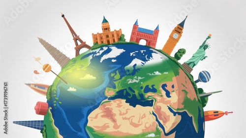 World travel concept with famous landmarks around the globe, including the eiffel tower, big ben, and the statue of liberty