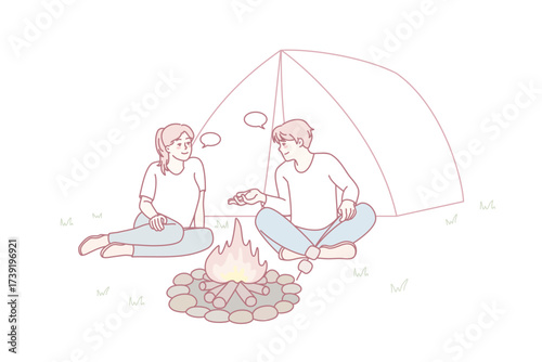 Happy man and woman sitting near campfire in forest. Smiling couple relax at wood camp near fire together. Nature recreation concept. Vector illustration.