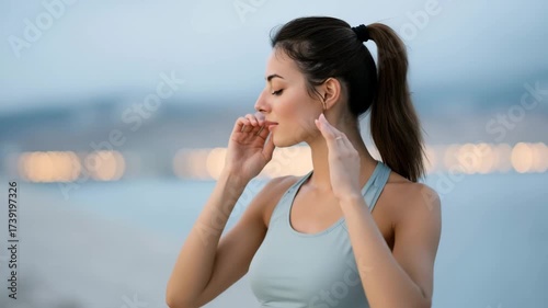 young woman in athletic wear is adjusting her ponytail against clean background