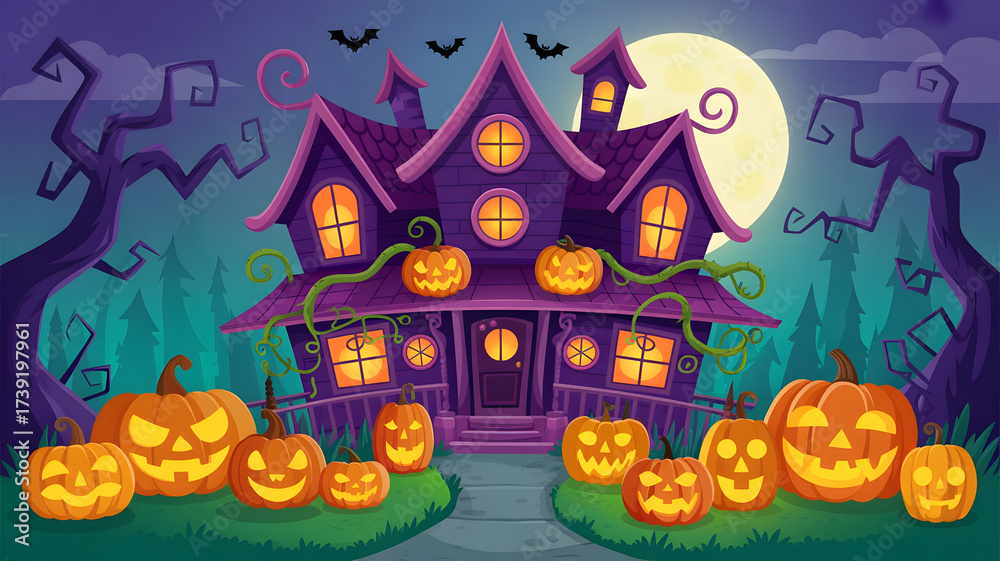 Fototapeta premium Haunted House with Glowing Pumpkins and Full Moon