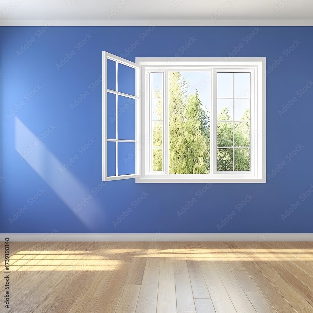 Fototapeta premium Sunlight Streaming Through Open Window in Blue Room Interior Design