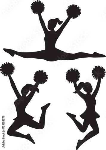 PrintSilhouette of three energetic cheerleaders performing dynamic poses with pom poms