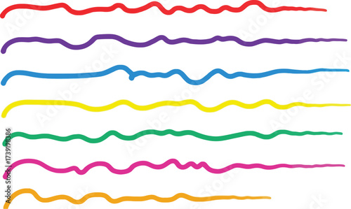 Vibrant wavy lines in red, purple, blue, yellow, green, pink, and orange create a colorful abstract design element.