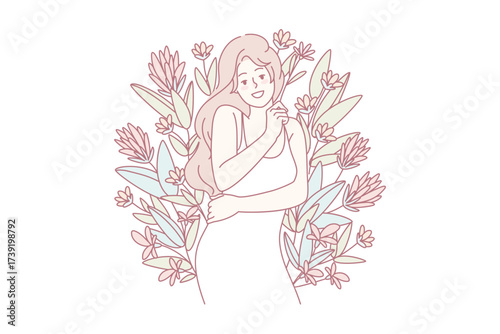 Happy woman hugging herself surrounded by flowers. Smiling girl feeling self-confident and optimistic. Body positive and love yourself concept. Vector illustration.